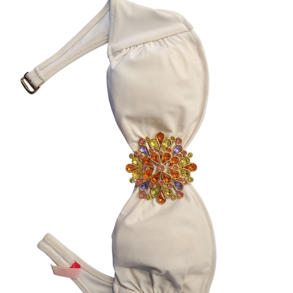 White Bandeau Bikini Top with Multicolor Gem Embellishment – XS - Picture 1 of 2